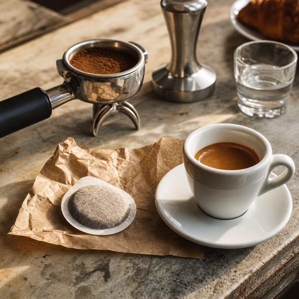 E.S.E. Pad, Siebträger und frisch zubereiteter Espresso