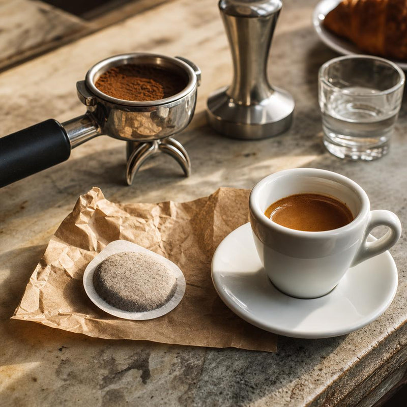 E.S.E. Pad, Siebträger und frisch zubereiteter Espresso