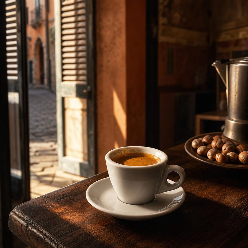 Espresso auf einem italienischen Cafétisch im warmen Morgenlicht