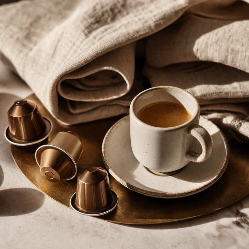 Kaffeekapseln und Espresso als italienisches Stillleben
