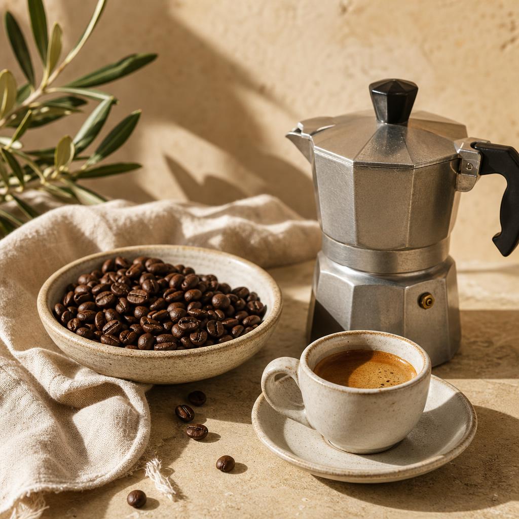 Kaffeebohnen, Mokkakanne und Espresso im mediterranen Licht